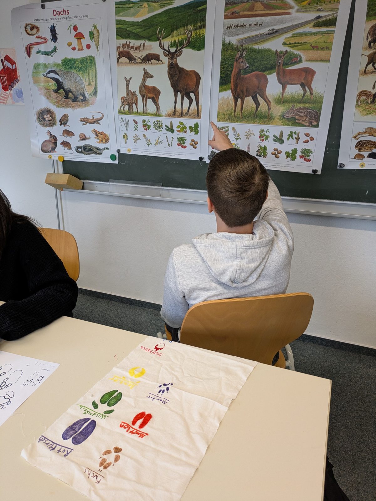 Schüler vor Poster mit Tieren des Waldes